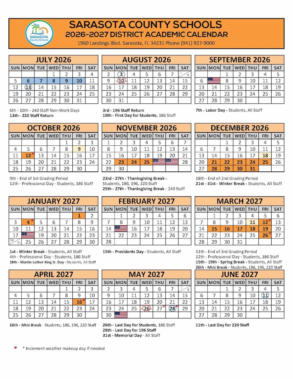 Sarasota County Schools Calendar 1000x1293